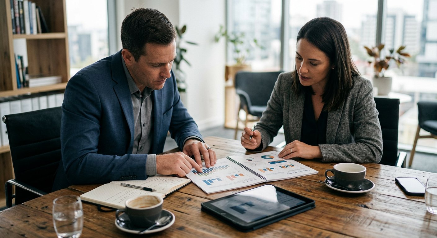 Advisors reviewing a printed energy report during a client meeting