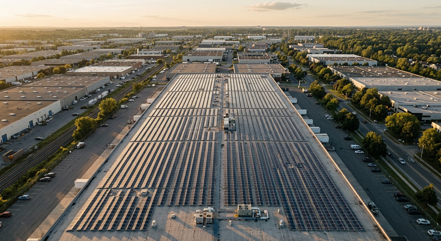 Aerial view of a commercial rooftop covered with solar panels