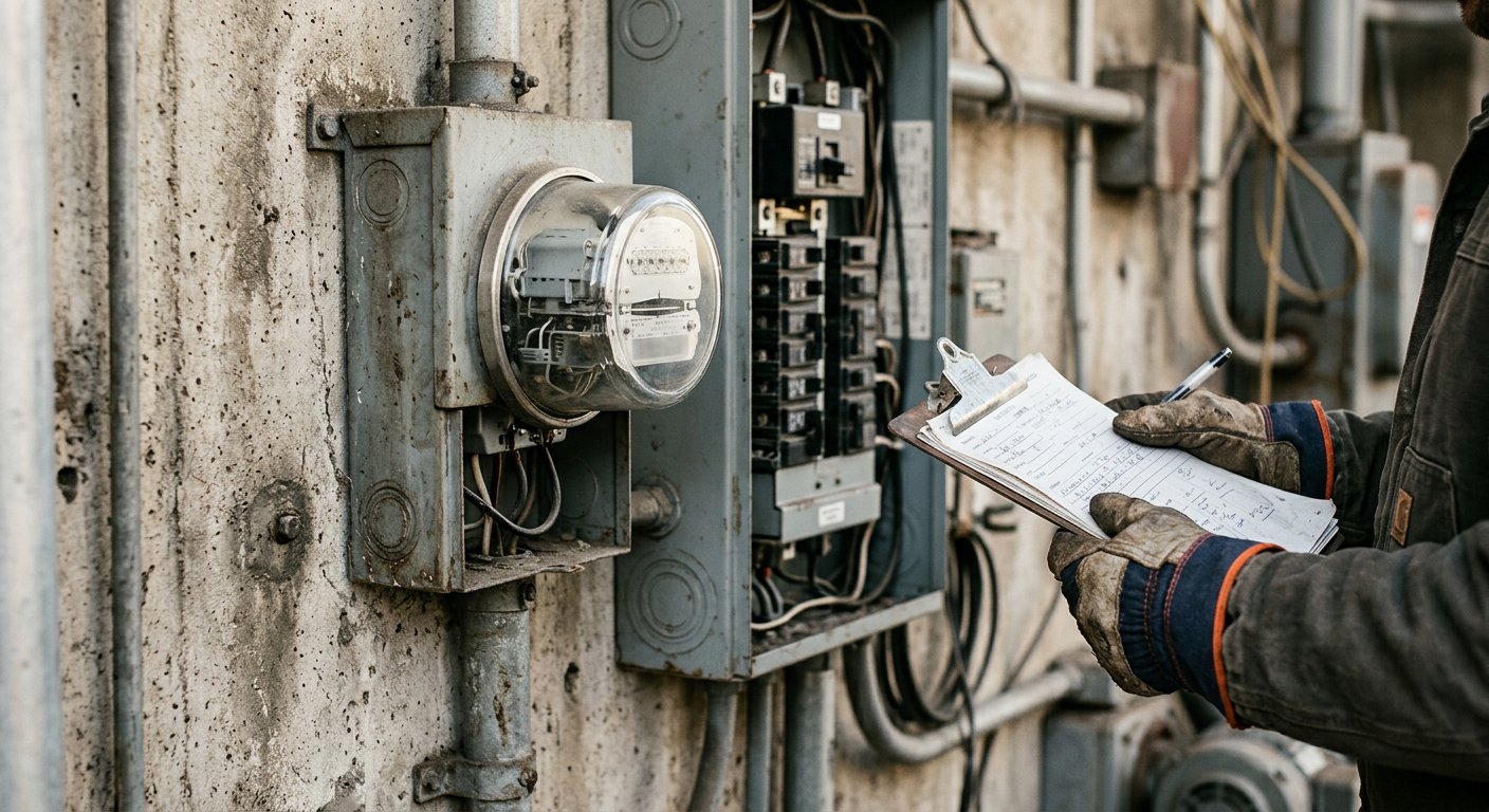 Technician recording readings at an industrial electric meter and panel